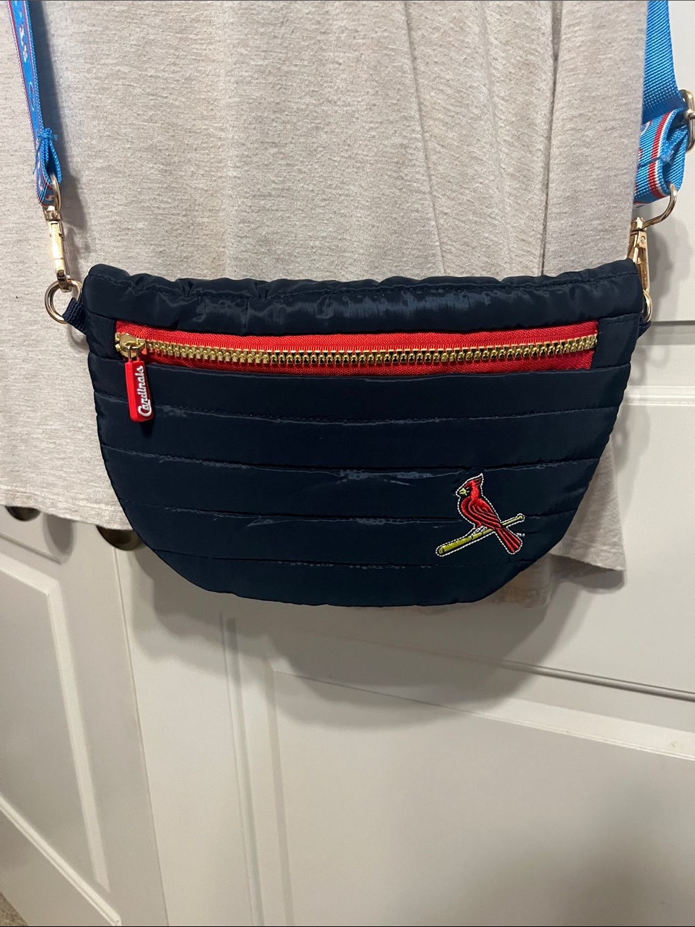 Quilted Navy Crossbody Bag with Red Zip and Cardinal Patch